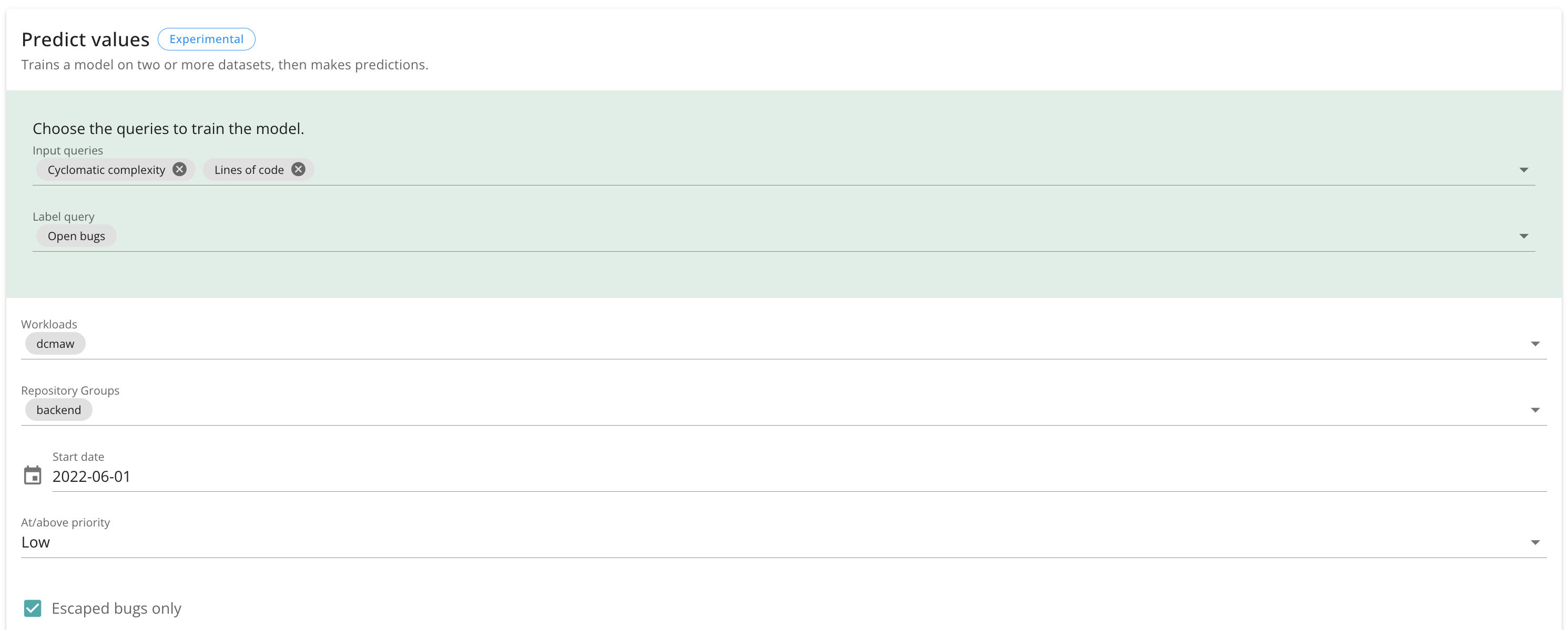 Screenshot of the prediction component showing complexity and ncloc as inputs and open bugs as label