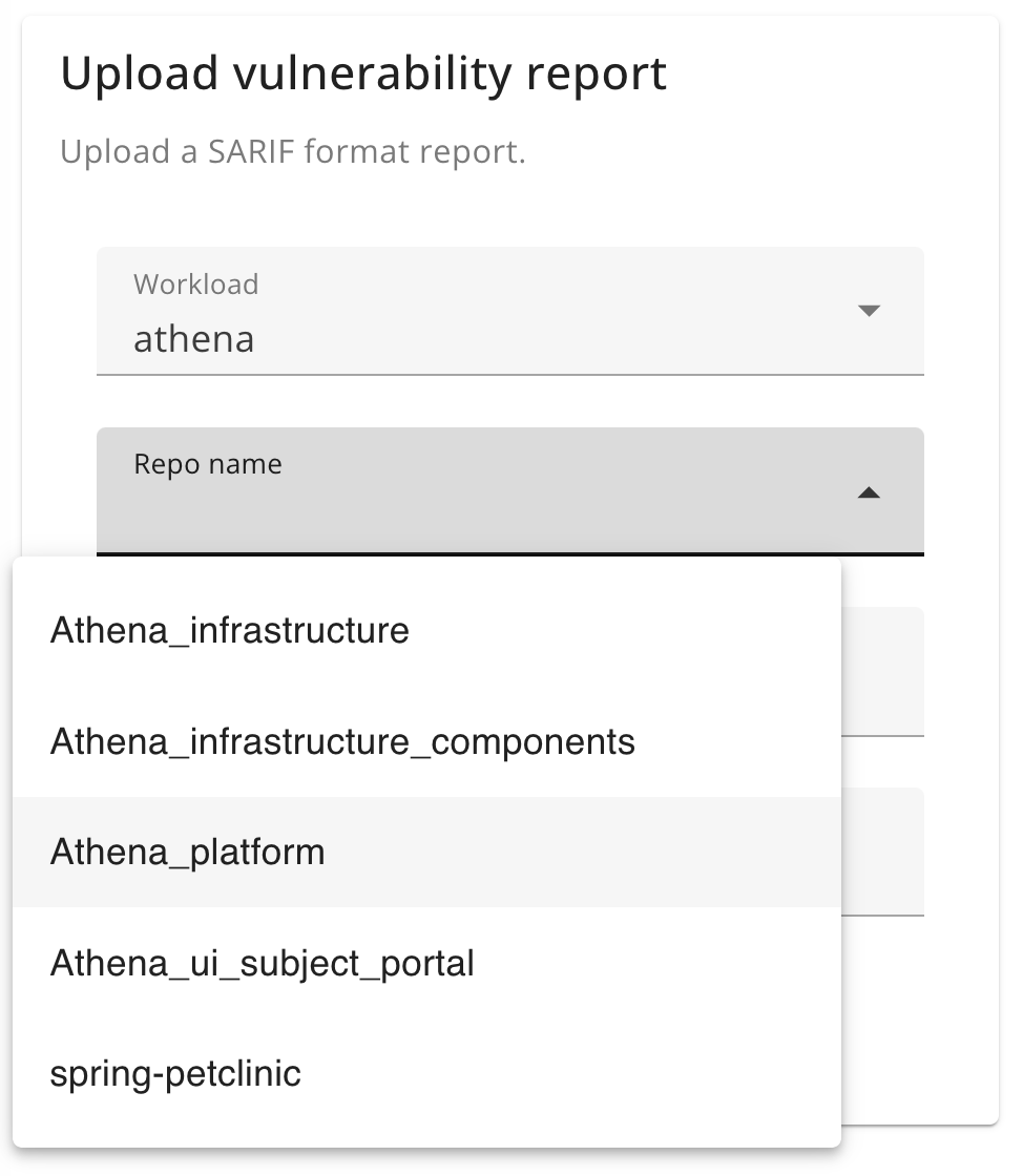 Screenshot of the uploader UI, showing prepopulation of the repos for a workload